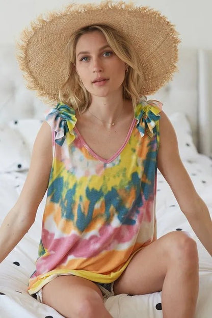 BiBi Circular Tie Dye Knit V Neck Top With Ruffle - Blu Lotus Boutique