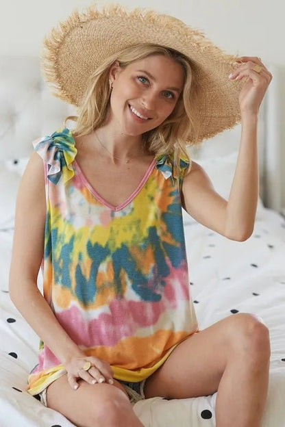 BiBi Circular Tie Dye Knit V Neck Top With Ruffle - Blu Lotus Boutique