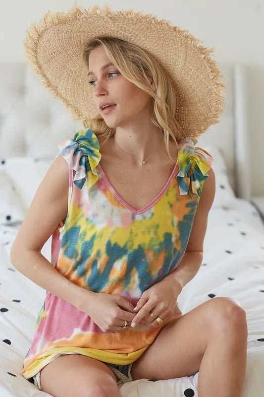 BiBi Circular Tie Dye Knit V Neck Top With Ruffle - Blu Lotus Boutique