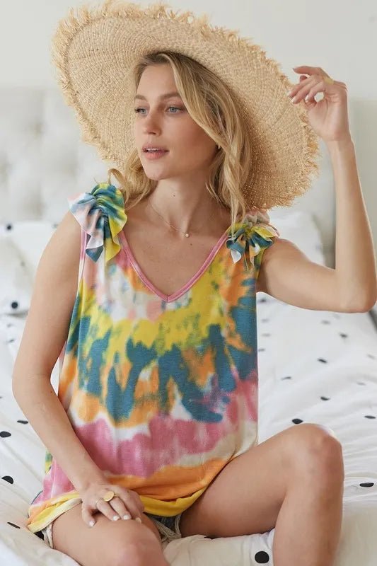 BiBi Circular Tie Dye Knit V Neck Top With Ruffle - Blu Lotus Boutique