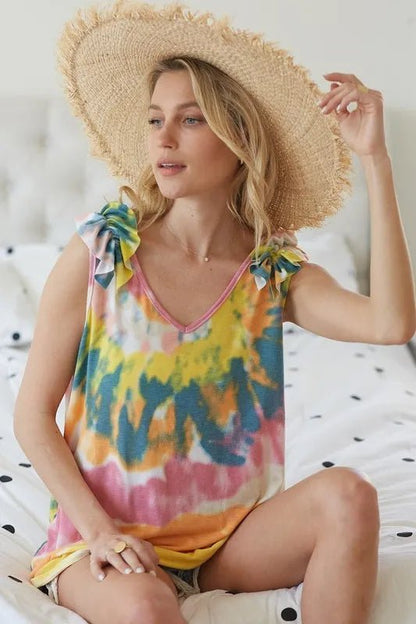 BiBi Circular Tie Dye Knit V Neck Top With Ruffle - Blu Lotus Boutique