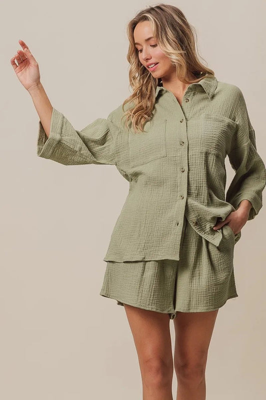 BiBi Crinkle Gauze Shirt and Short Set - Blu Lotus Boutique