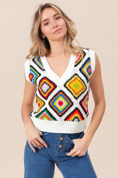 BiBi Diamond Granny Square Sweater Vest - Blu Lotus Boutique