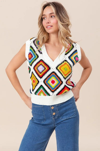 BiBi Diamond Granny Square Sweater Vest - Blu Lotus Boutique