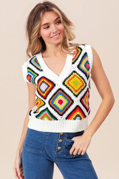 BiBi Diamond Granny Square Sweater Vest - Blu Lotus Boutique