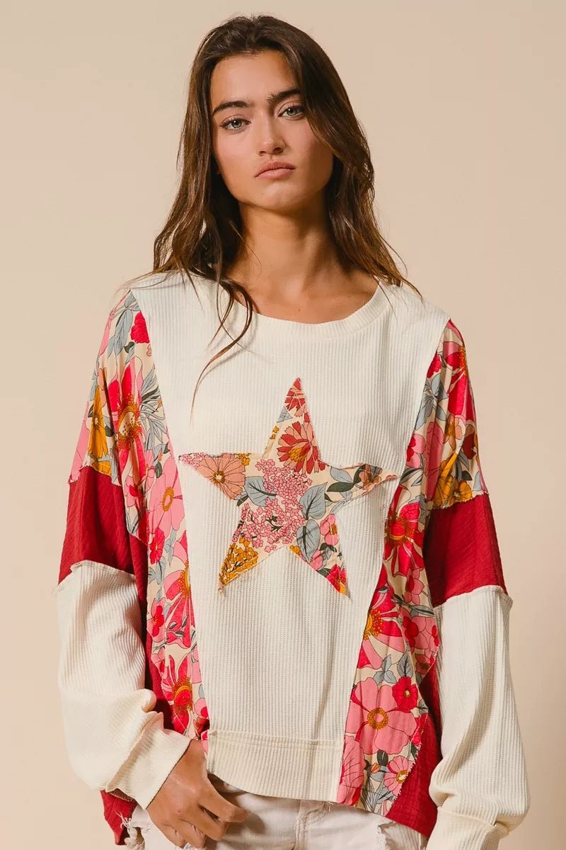 BiBi Floral Print Mixed Star Patch Round Neck Sweatshirt - Blu Lotus Boutique
