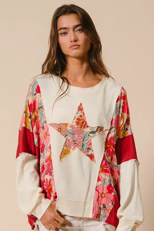BiBi Floral Print Mixed Star Patch Round Neck Sweatshirt - Blu Lotus Boutique