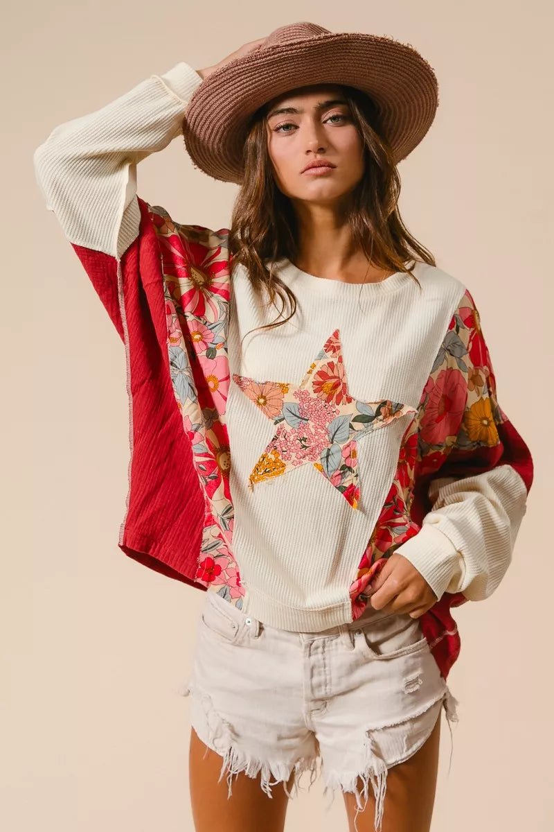 BiBi Floral Print Mixed Star Patch Round Neck Sweatshirt - Blu Lotus Boutique