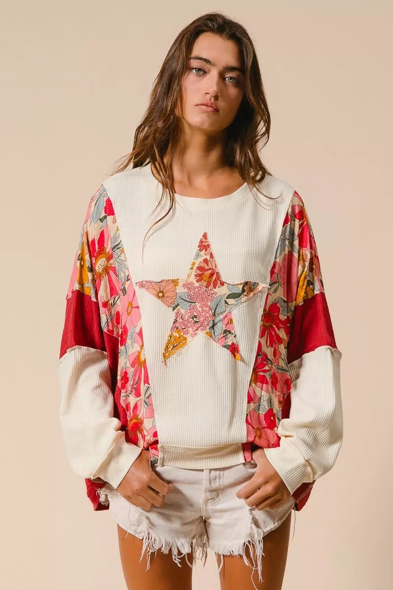 BiBi Floral Print Mixed Star Patch Round Neck Sweatshirt - Blu Lotus Boutique