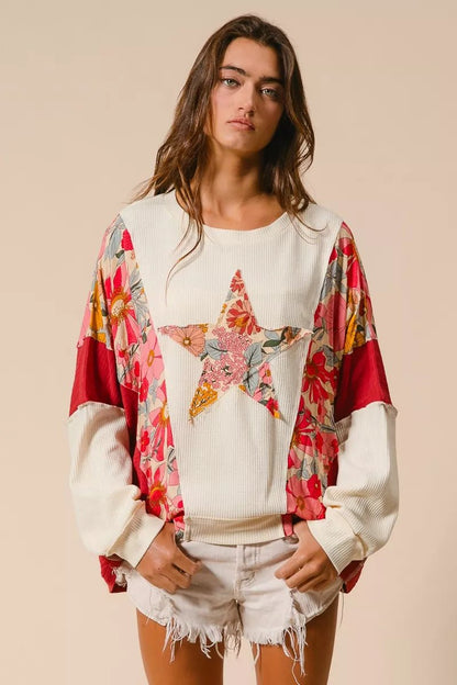 BiBi Floral Print Mixed Star Patch Round Neck Sweatshirt - Blu Lotus Boutique