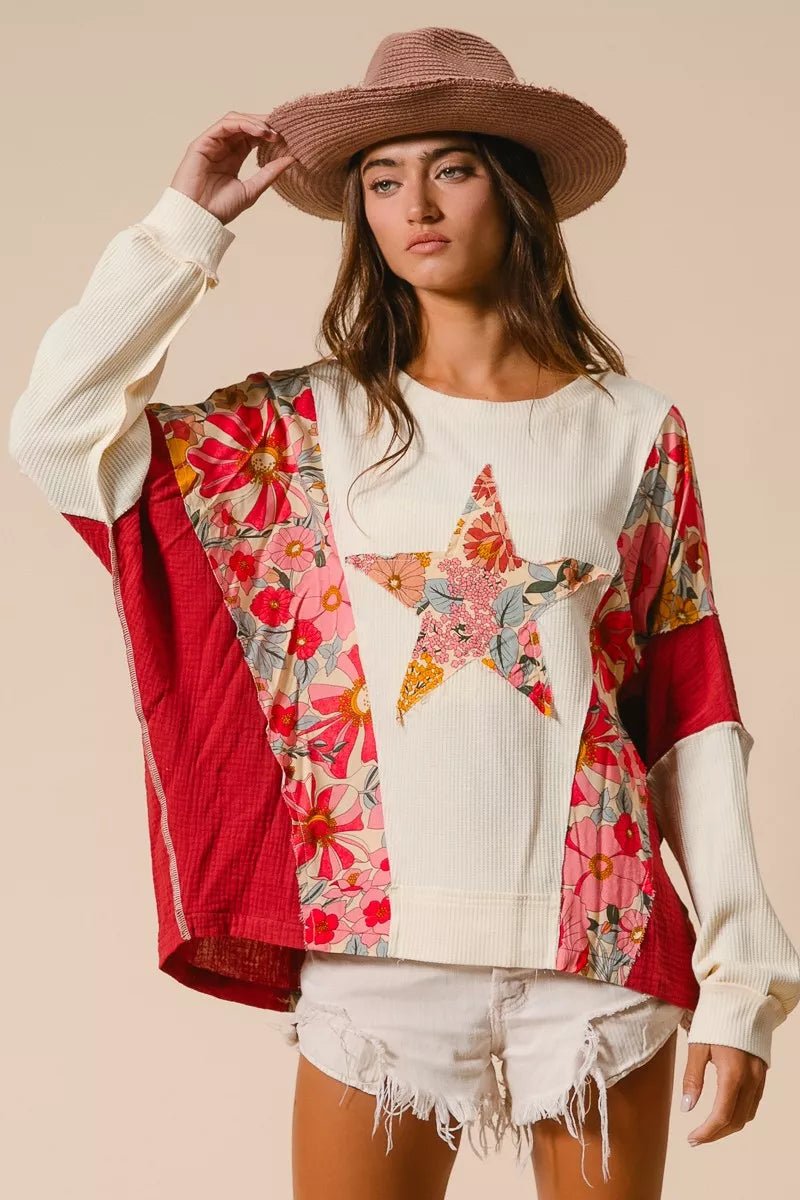 BiBi Floral Print Mixed Star Patch Round Neck Sweatshirt - Blu Lotus Boutique
