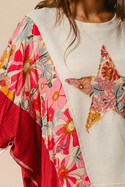 BiBi Floral Print Mixed Star Patch Round Neck Sweatshirt - Blu Lotus Boutique