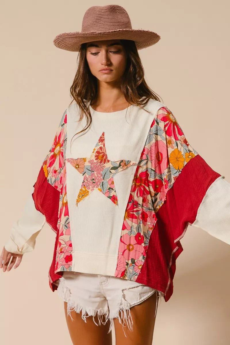 BiBi Floral Print Mixed Star Patch Round Neck Sweatshirt - Blu Lotus Boutique