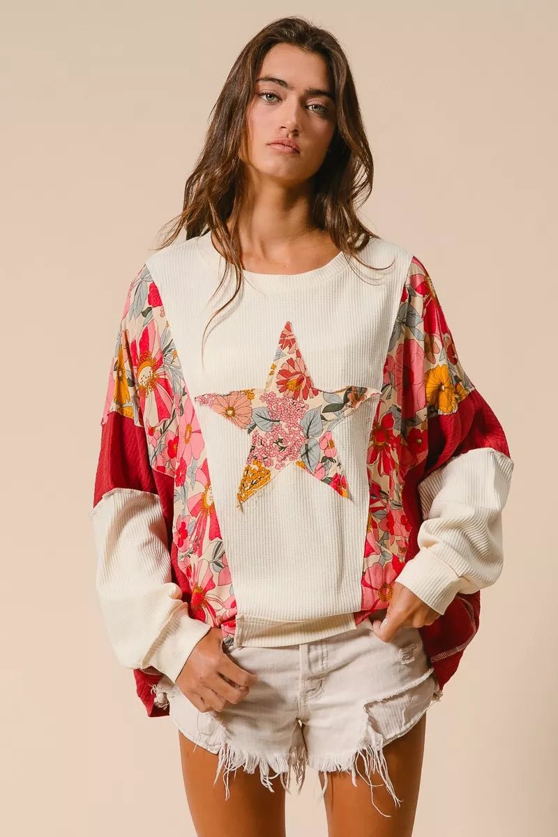 BiBi Floral Print Mixed Star Patch Round Neck Sweatshirt - Blu Lotus Boutique