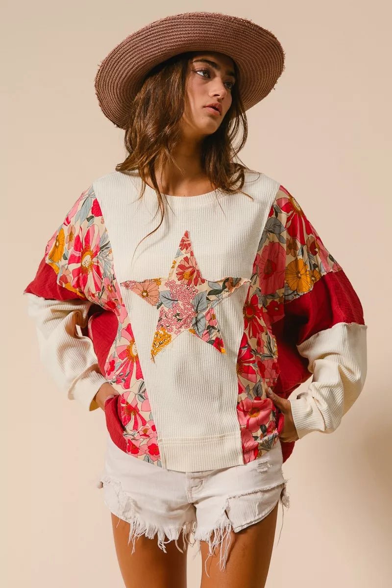 BiBi Floral Print Mixed Star Patch Round Neck Sweatshirt - Blu Lotus Boutique