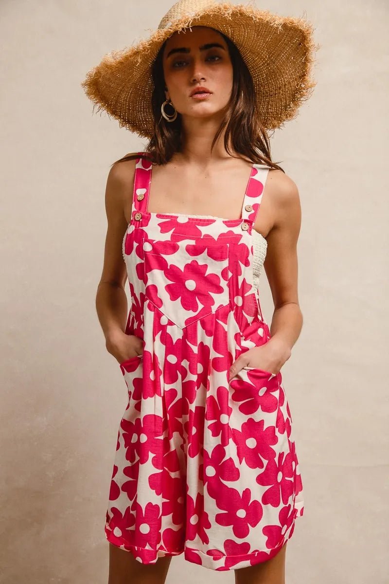 BiBi Floral Prints Tuck Detail Short Overall With Pockets - Blu Lotus Boutique