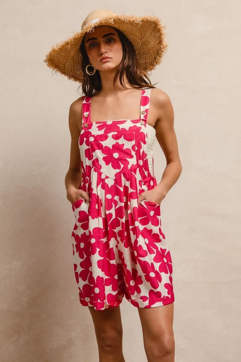 BiBi Floral Prints Tuck Detail Short Overall With Pockets - Blu Lotus Boutique