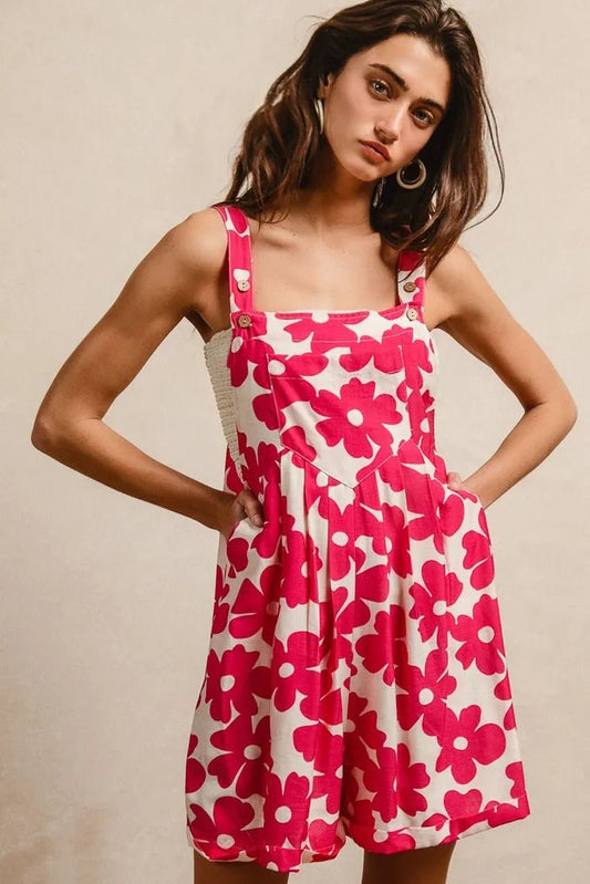 BiBi Floral Prints Tuck Detail Short Overall With Pockets - Blu Lotus Boutique
