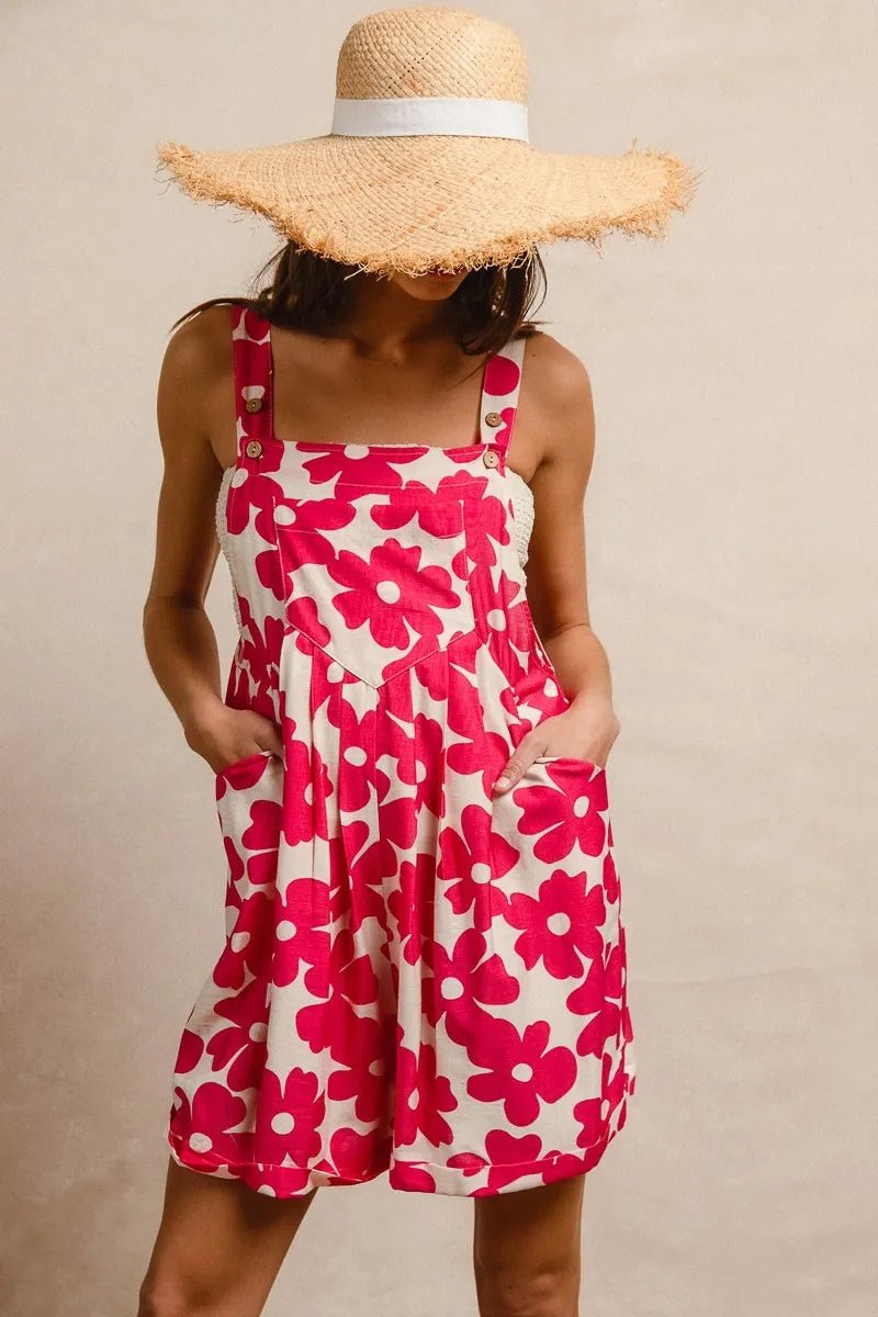 BiBi Floral Prints Tuck Detail Short Overall With Pockets - Blu Lotus Boutique