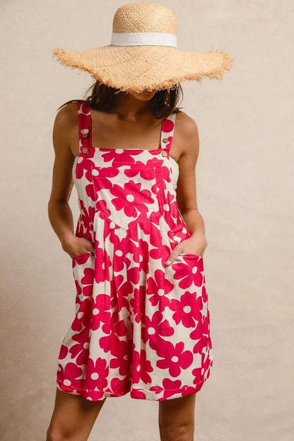 BiBi Floral Prints Tuck Detail Short Overall With Pockets - Blu Lotus Boutique
