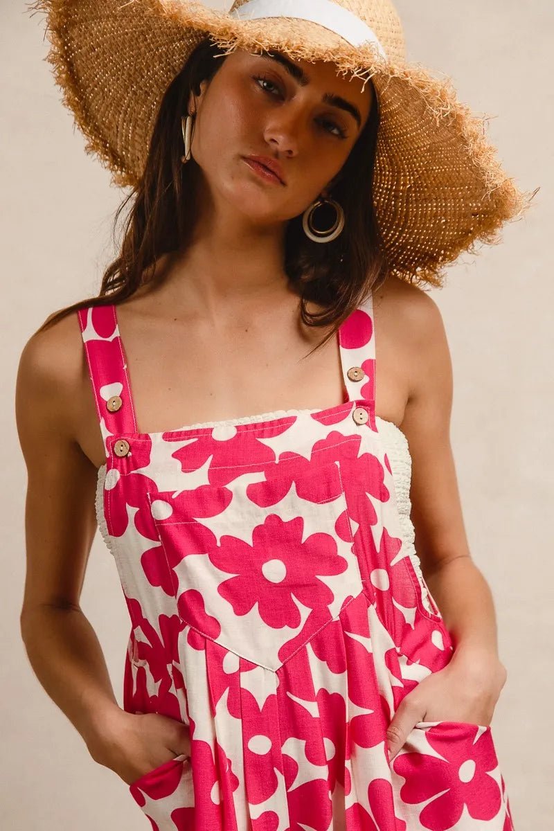 BiBi Floral Prints Tuck Detail Short Overall With Pockets - Blu Lotus Boutique
