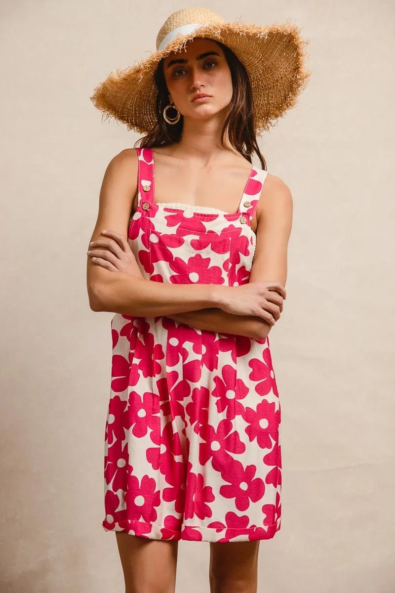 BiBi Floral Prints Tuck Detail Short Overall With Pockets - Blu Lotus Boutique