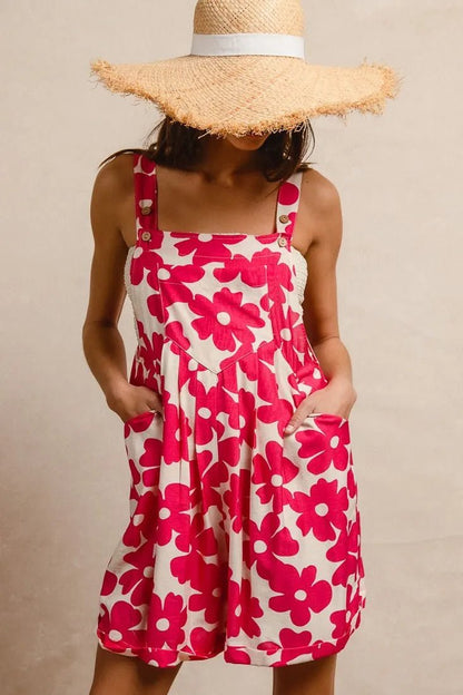 BiBi Floral Prints Tuck Detail Short Overall With Pockets - Blu Lotus Boutique
