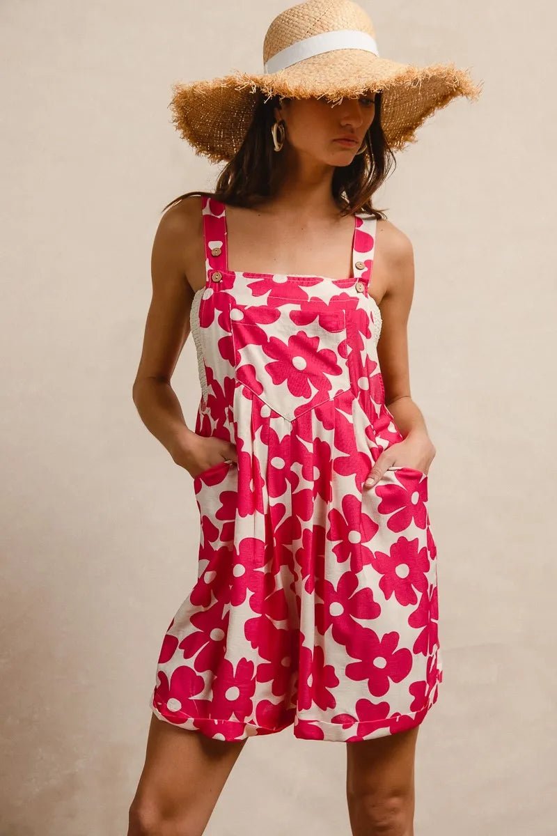 BiBi Floral Prints Tuck Detail Short Overall With Pockets - Blu Lotus Boutique