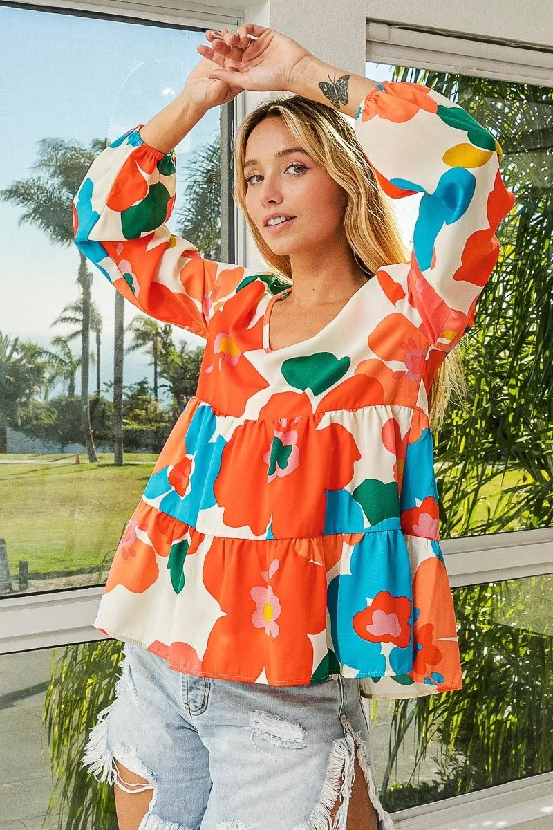 BiBi Floral Woven Tiered V Neck Top - Blu Lotus Boutique