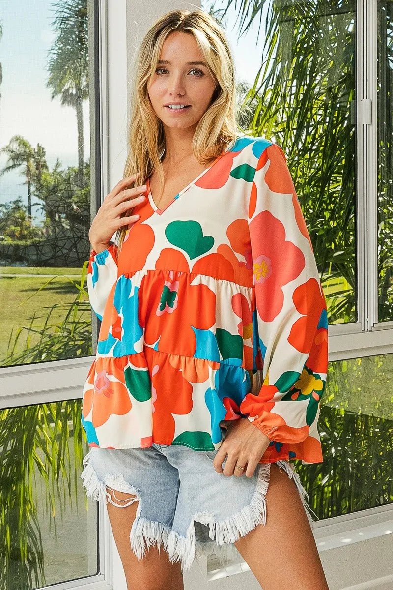 BiBi Floral Woven Tiered V Neck Top - Blu Lotus Boutique