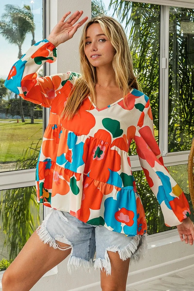 BiBi Floral Woven Tiered V Neck Top - Blu Lotus Boutique