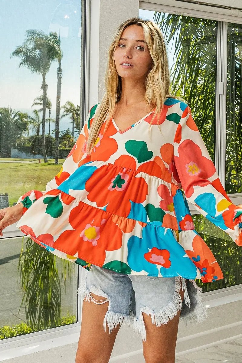 BiBi Floral Woven Tiered V Neck Top - Blu Lotus Boutique
