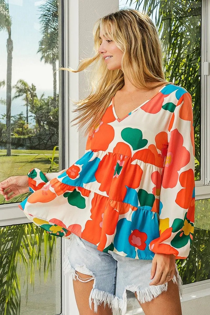 BiBi Floral Woven Tiered V Neck Top - Blu Lotus Boutique