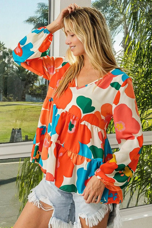 BiBi Floral Woven Tiered V Neck Top - Blu Lotus Boutique