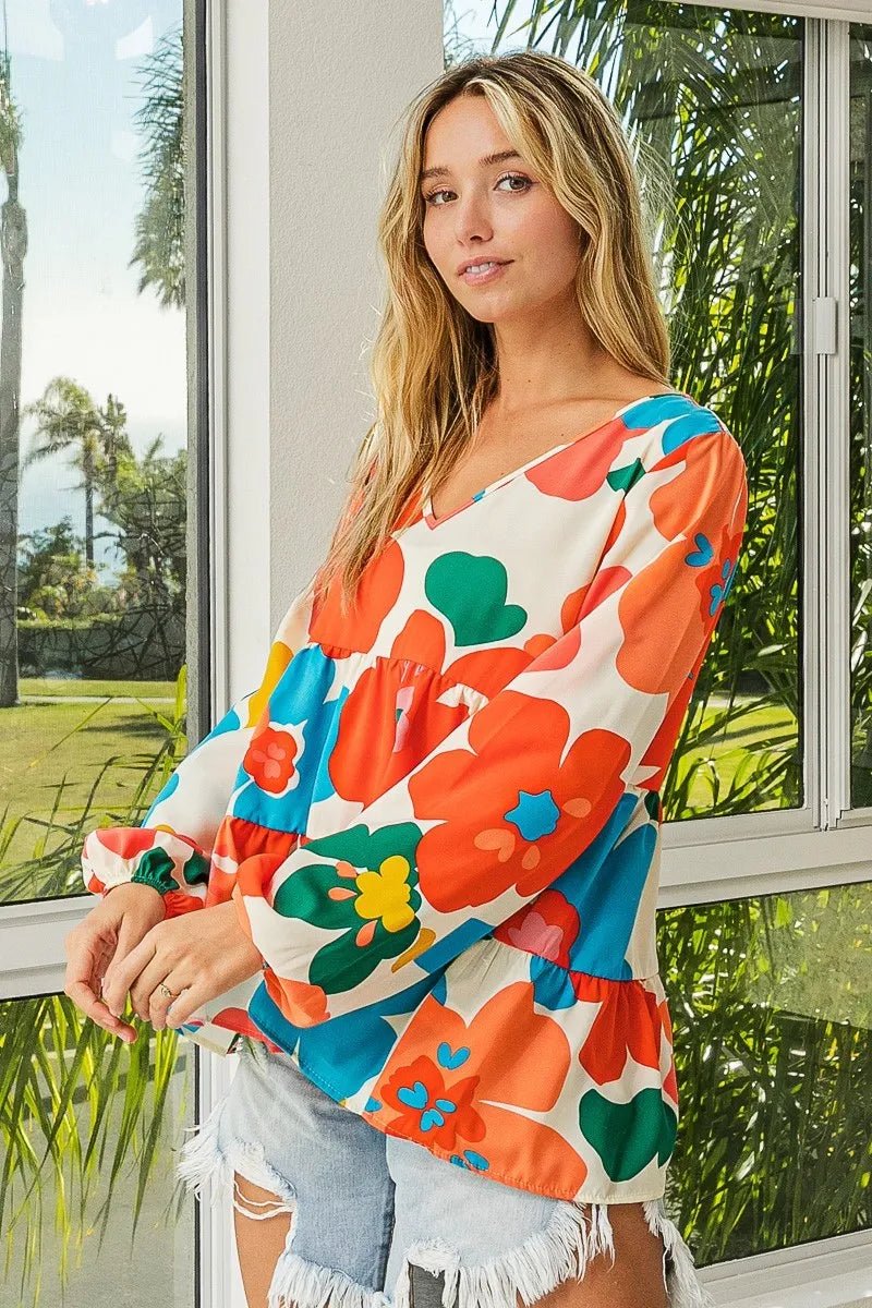 BiBi Floral Woven Tiered V Neck Top - Blu Lotus Boutique