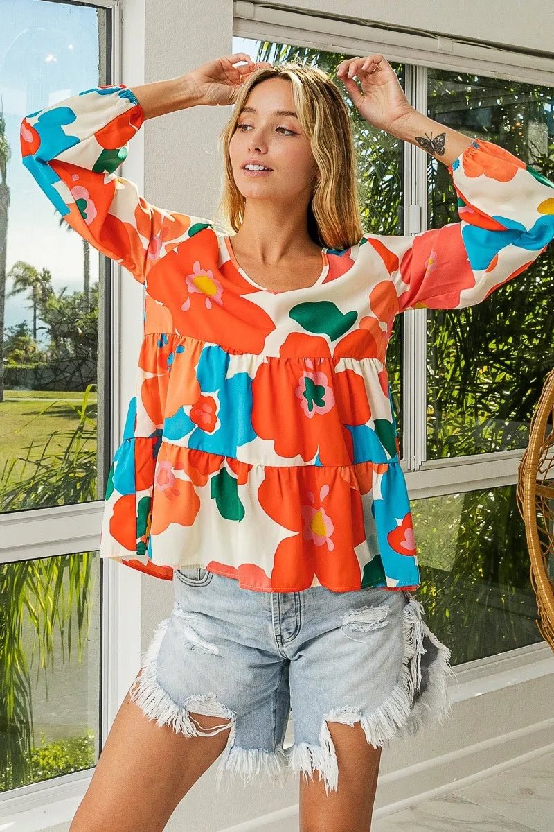 BiBi Floral Woven Tiered V Neck Top - Blu Lotus Boutique