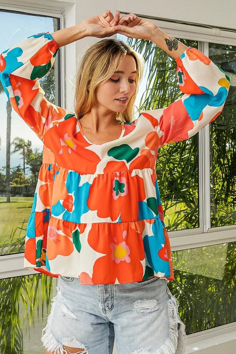 BiBi Floral Woven Tiered V Neck Top - Blu Lotus Boutique