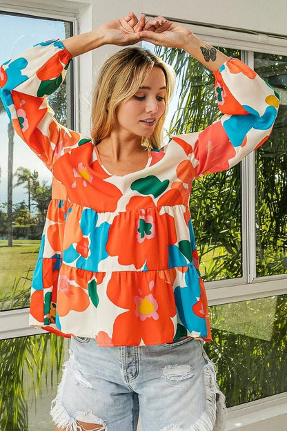 BiBi Floral Woven Tiered V Neck Top - Blu Lotus Boutique