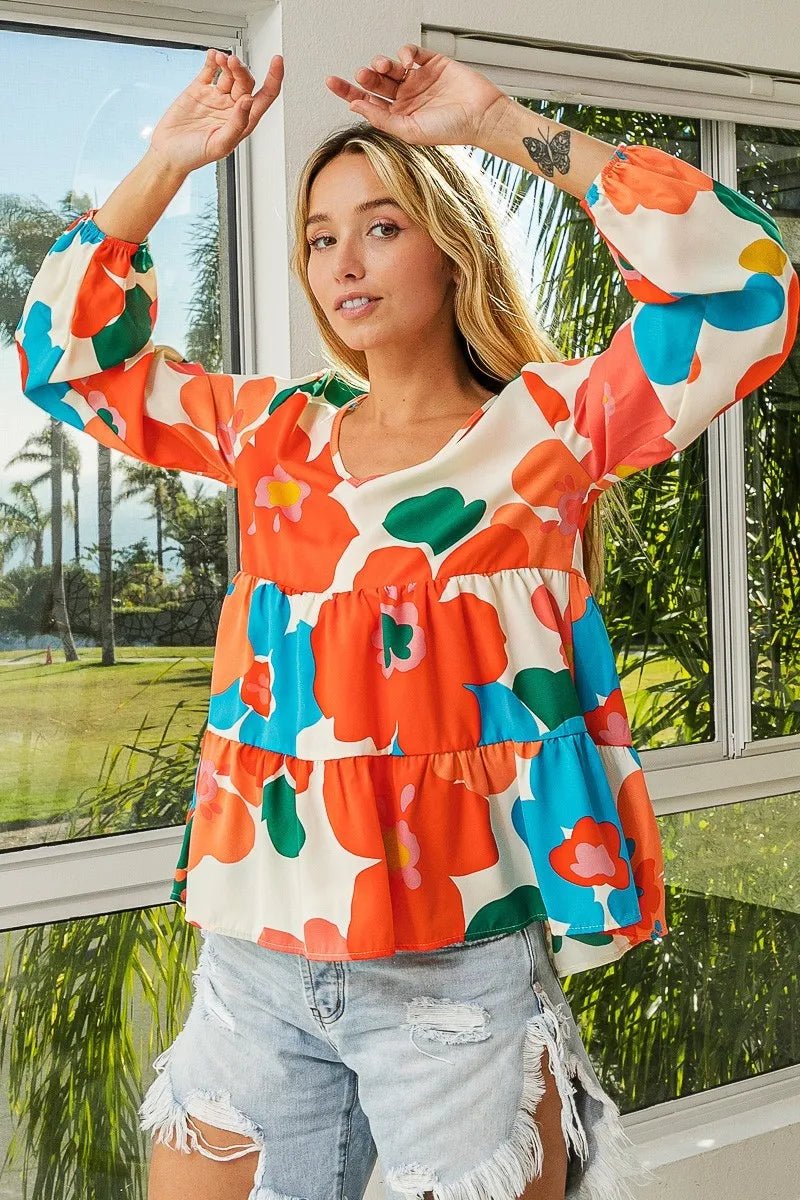 BiBi Floral Woven Tiered V Neck Top - Blu Lotus Boutique