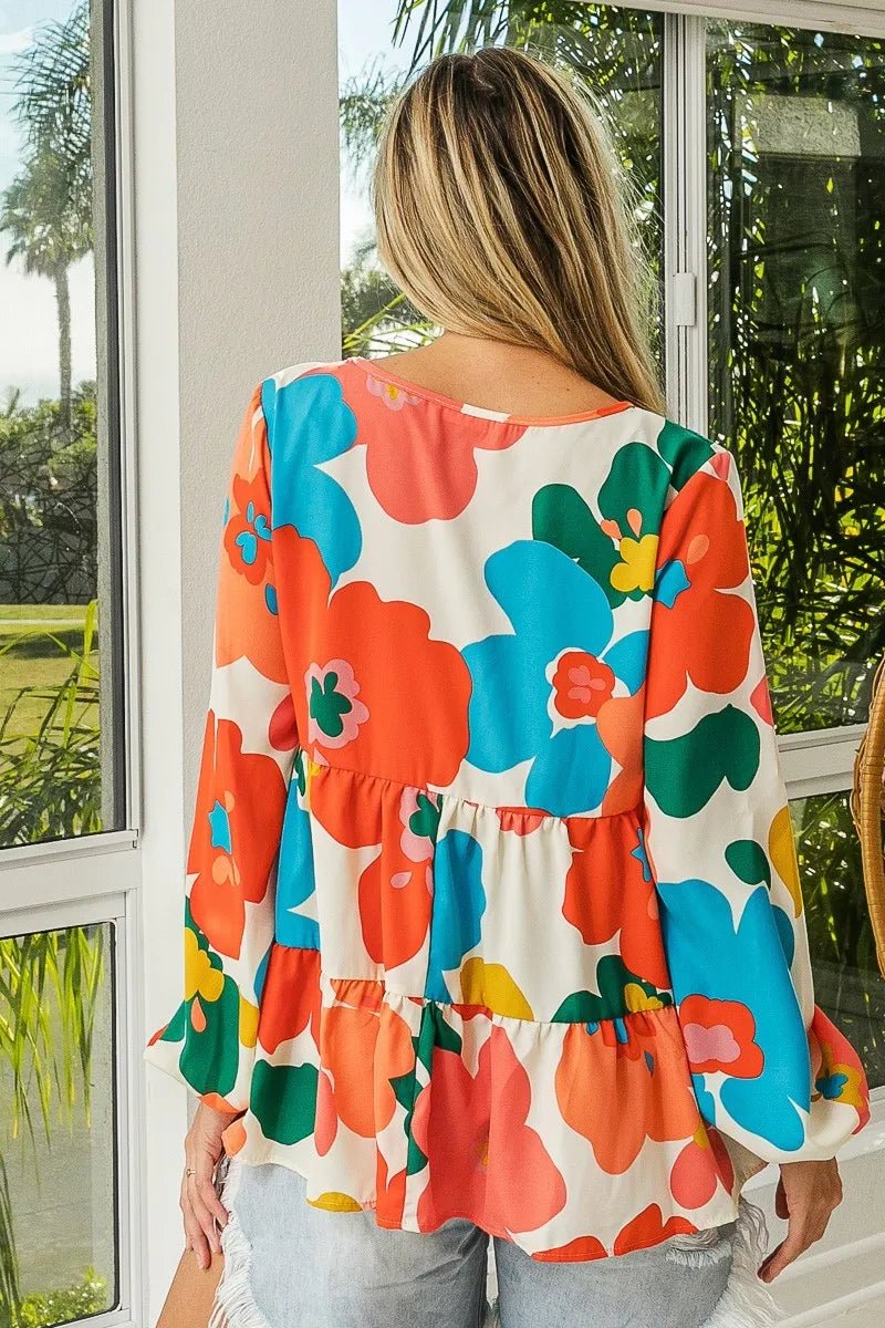 BiBi Floral Woven Tiered V Neck Top - Blu Lotus Boutique