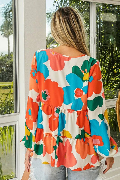 BiBi Floral Woven Tiered V Neck Top - Blu Lotus Boutique