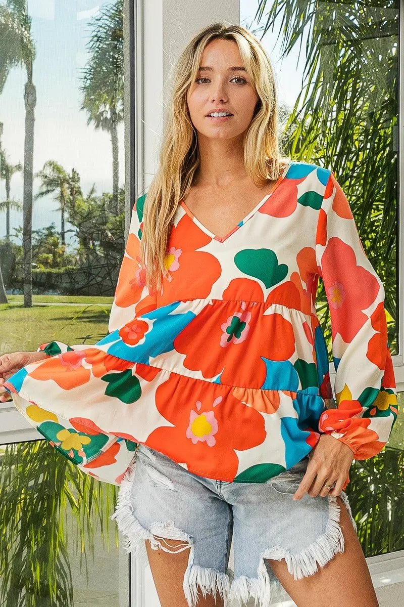 BiBi Floral Woven Tiered V Neck Top - Blu Lotus Boutique