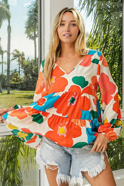 BiBi Floral Woven Tiered V Neck Top - Blu Lotus Boutique