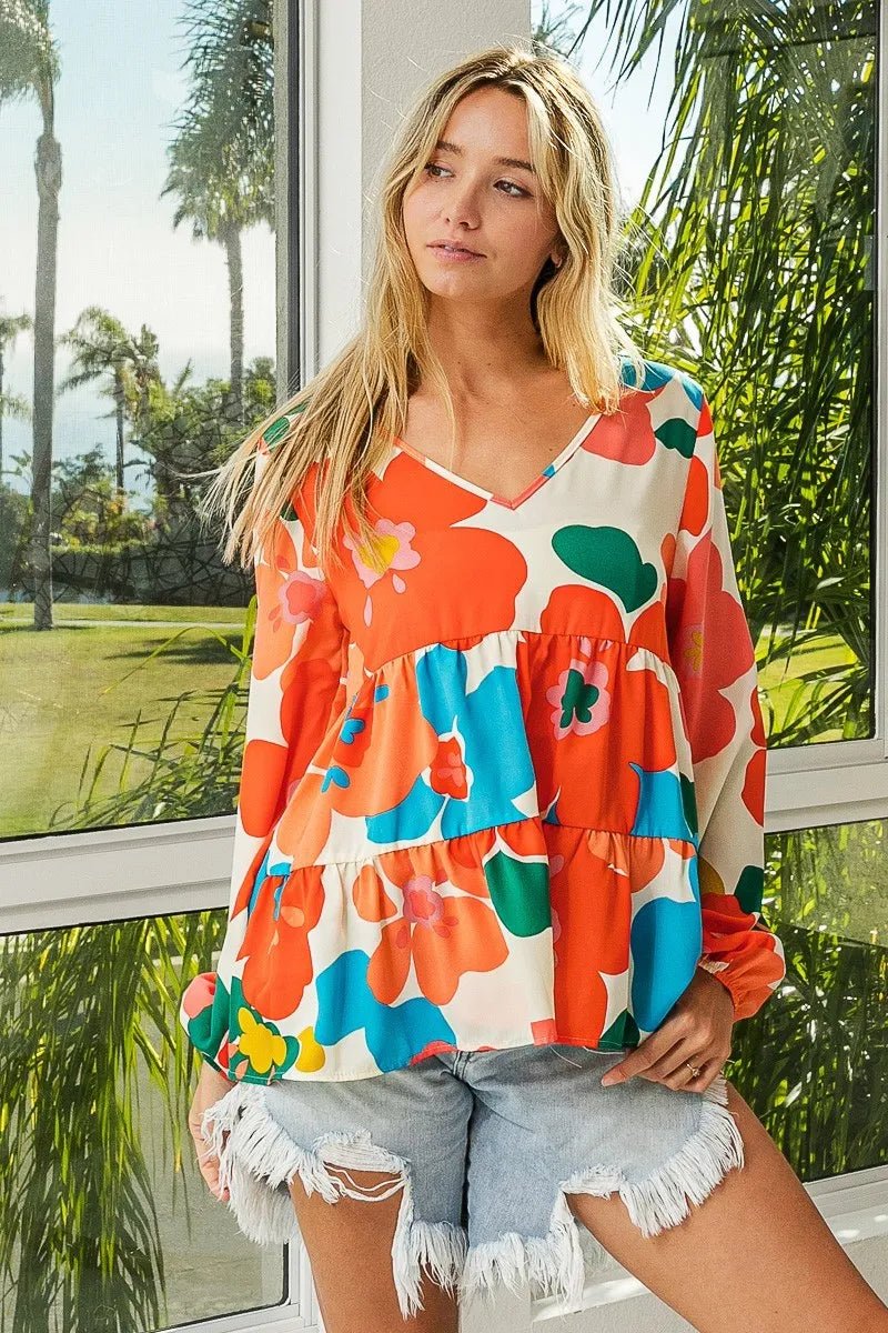 BiBi Floral Woven Tiered V Neck Top - Blu Lotus Boutique