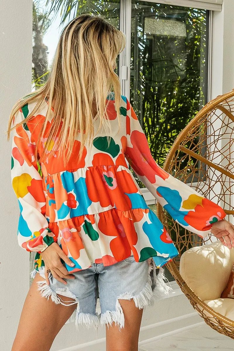 BiBi Floral Woven Tiered V Neck Top - Blu Lotus Boutique