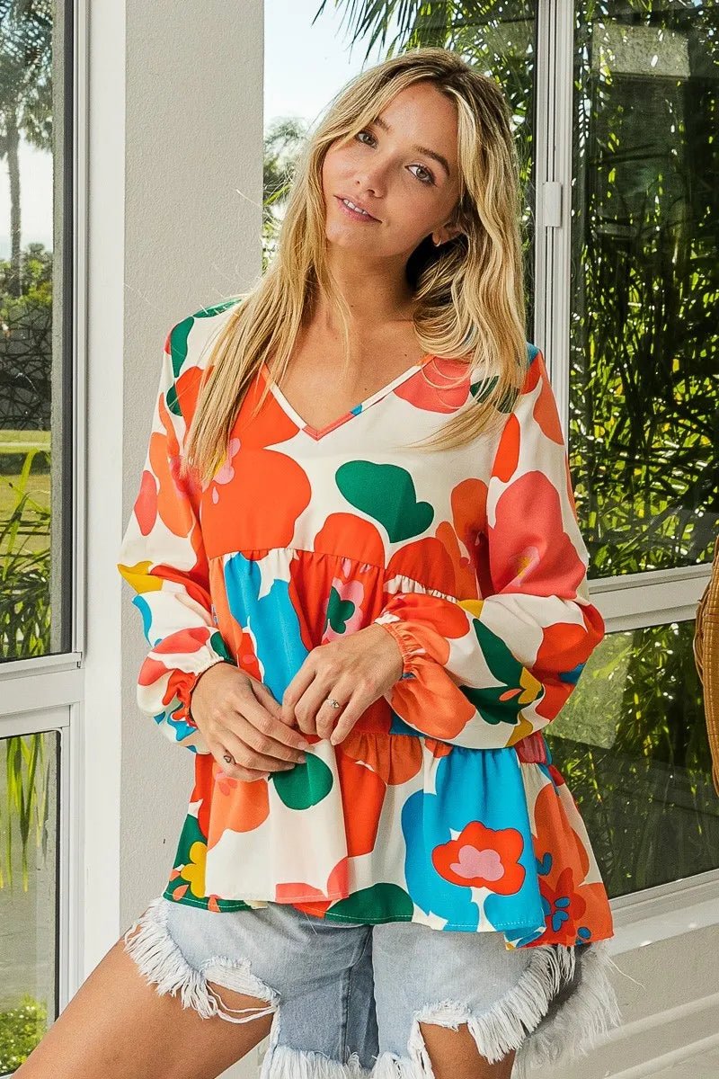 BiBi Floral Woven Tiered V Neck Top - Blu Lotus Boutique