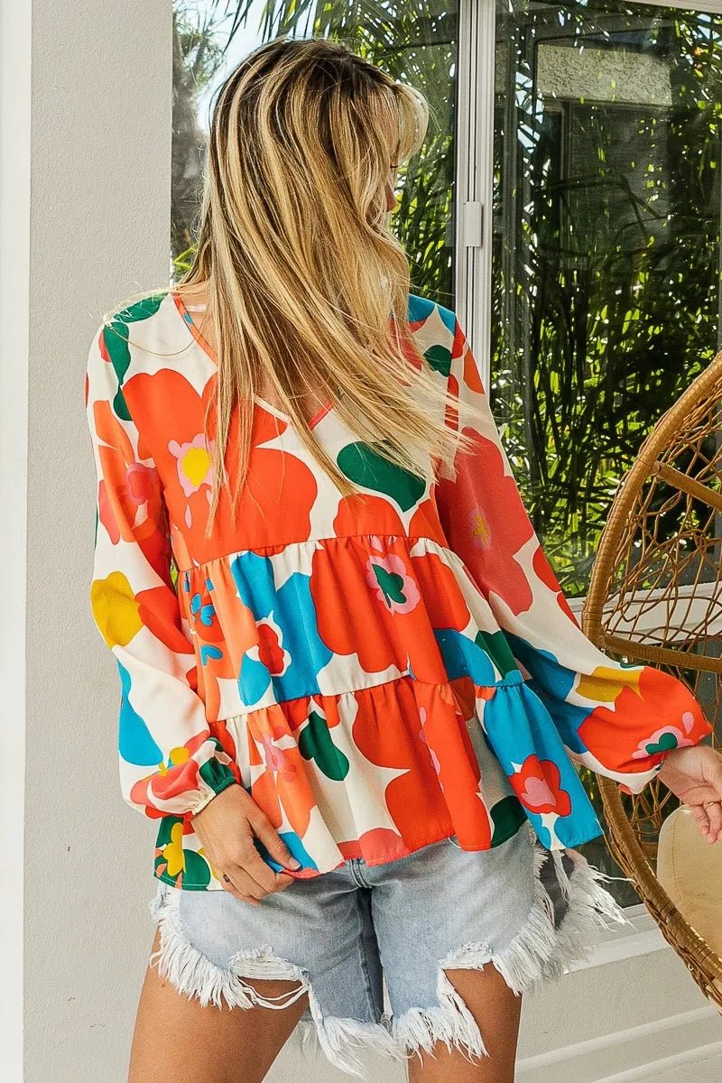 BiBi Floral Woven Tiered V Neck Top - Blu Lotus Boutique