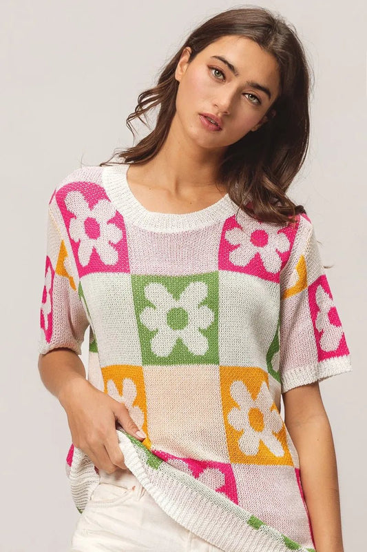 BiBi Flower Checker Pattern Lightweight Sweater Top - Blu Lotus Boutique