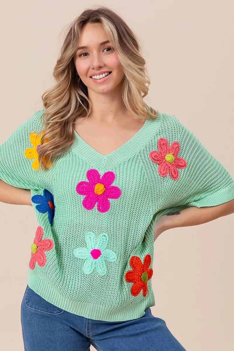 BiBi Flower Patches Dolman Sleeve Lightweight Sweater - Blu Lotus Boutique