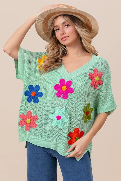 BiBi Flower Patches Dolman Sleeve Lightweight Sweater - Blu Lotus Boutique